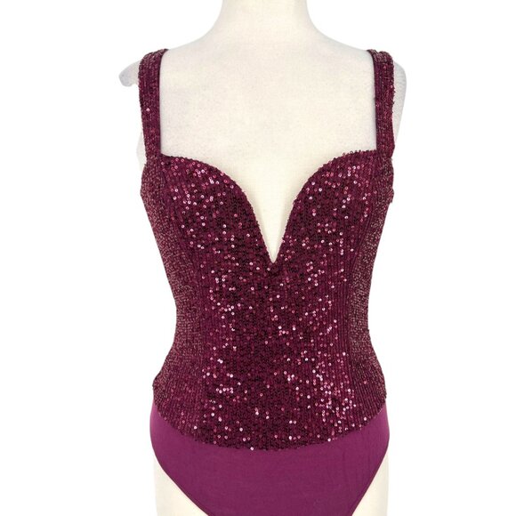 Lulus Sequin Bodysuit Plum Purple Plunging Neckline Size Medium NWT - Picture 10 of 10